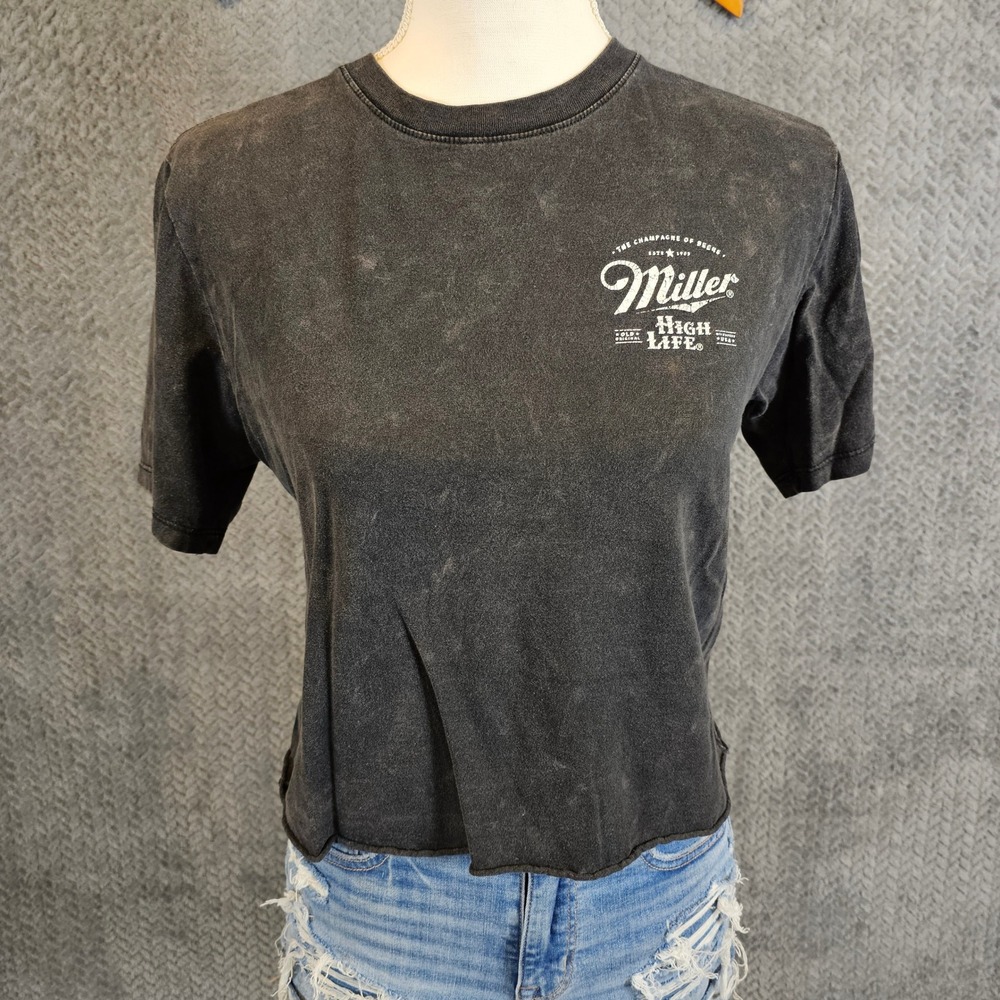 Miller High Life Women Small Cropped Graphic Tee Acid Wash Black Mad Engine Beer